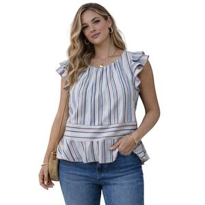Striped Peplum Top Womens Small Pink‎ Blue Gold Metallic Ruffle